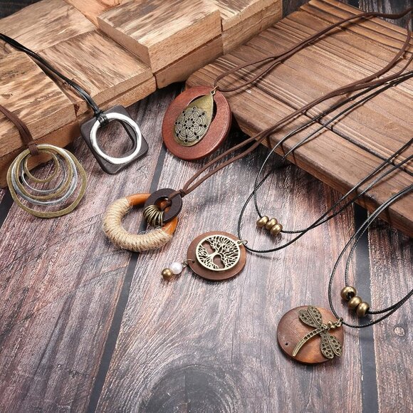 Boho 6-Pc Long Pendant Necklaces Set for Women Vintage Wood Feather Peace - Picture 7 of 7